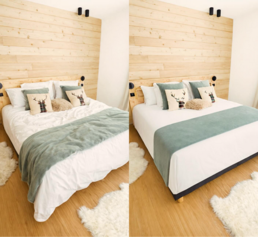 Avant après nettoyage professionnel d'une chambre Airbnb de luxe par White and Clean